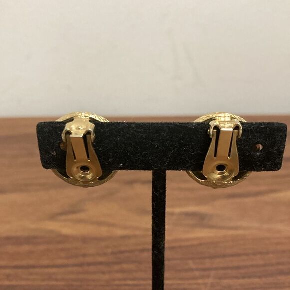 Vintage Brushed Gold Tone Dome Clip On Earrings with red/green/blue stones - Picture 3 of 4